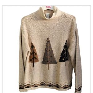 J Jill Handknit Silk Blend Natural Tree Sweater Neutral Christmas